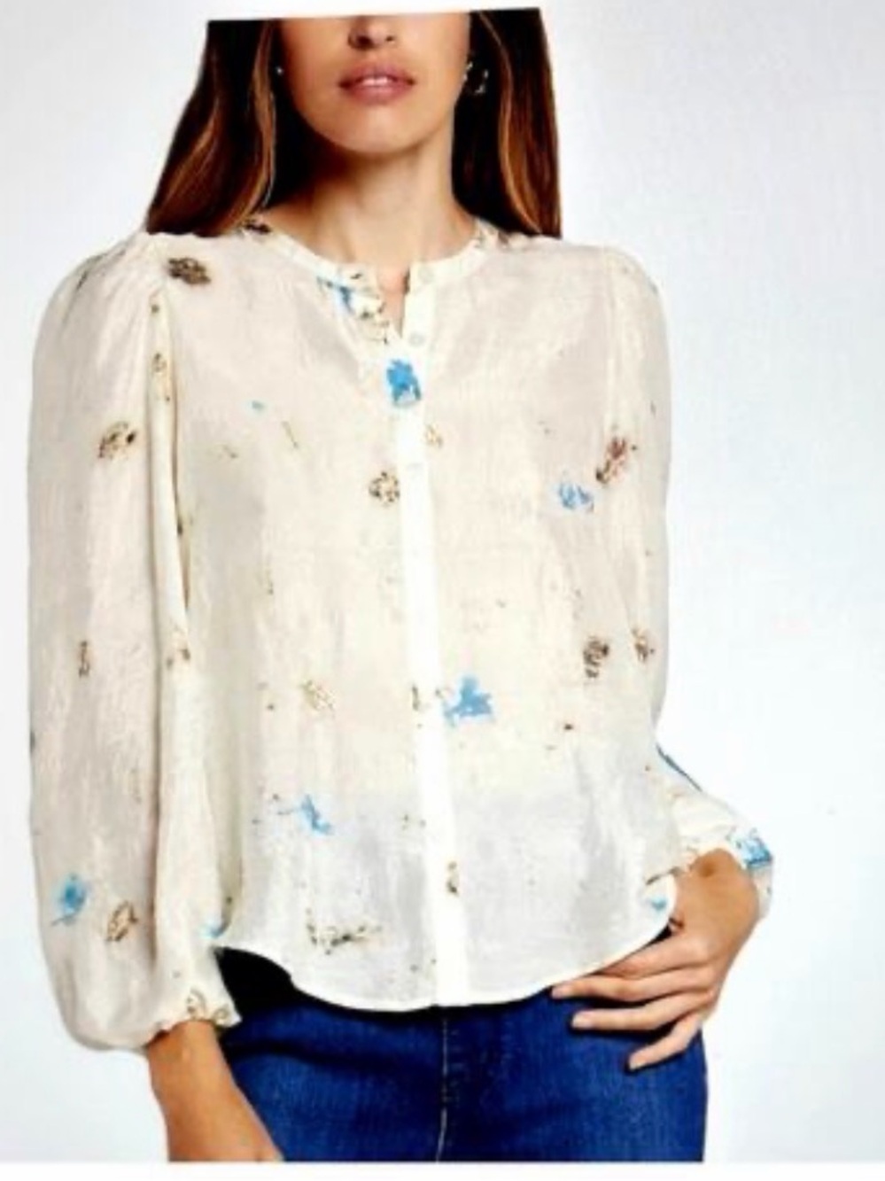 Current Elliott 100% Silk Ivory Floral Pintuck Long-Sleeve Button Front Blouse
